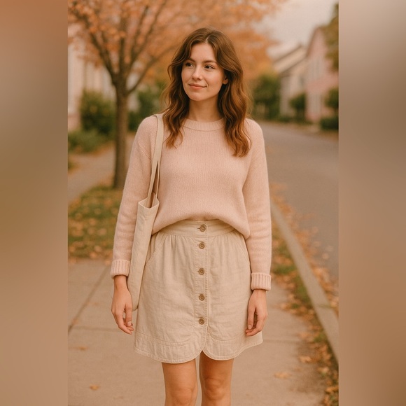 Anthropologie Hei Hei Button Front Skirt Sz 8 Beige Cotton Casual Cottagecore - Picture 2 of 11